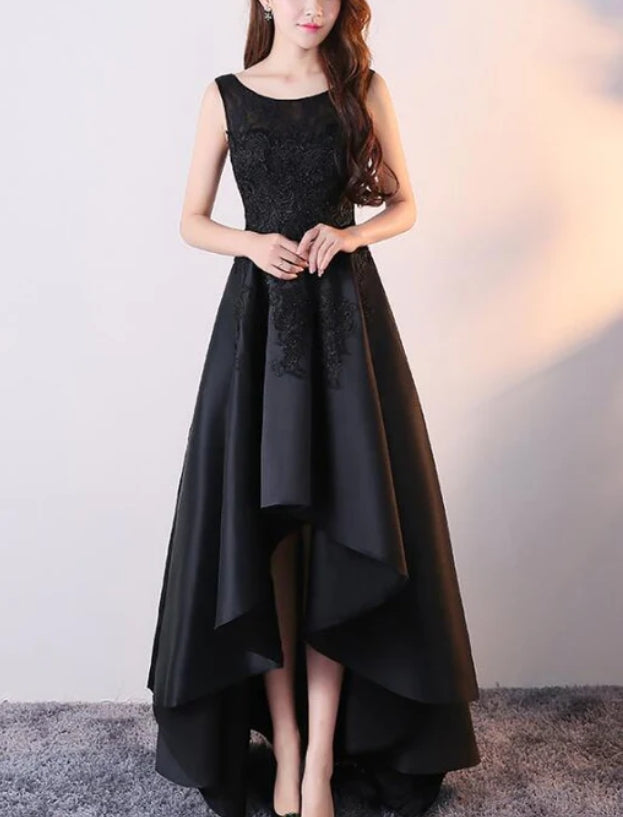 Luolandi Black Satin with Lace High Low Prom Dress Fashionable Homecoming Dress Elegant Evening Dress